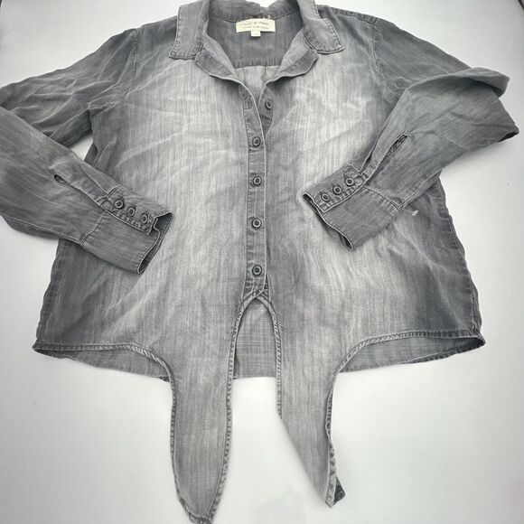 Cloth and Stone Anthropolgie Grey Chambray Button Down Tie Front Long Sleeve  M - Picture 1 of 6
